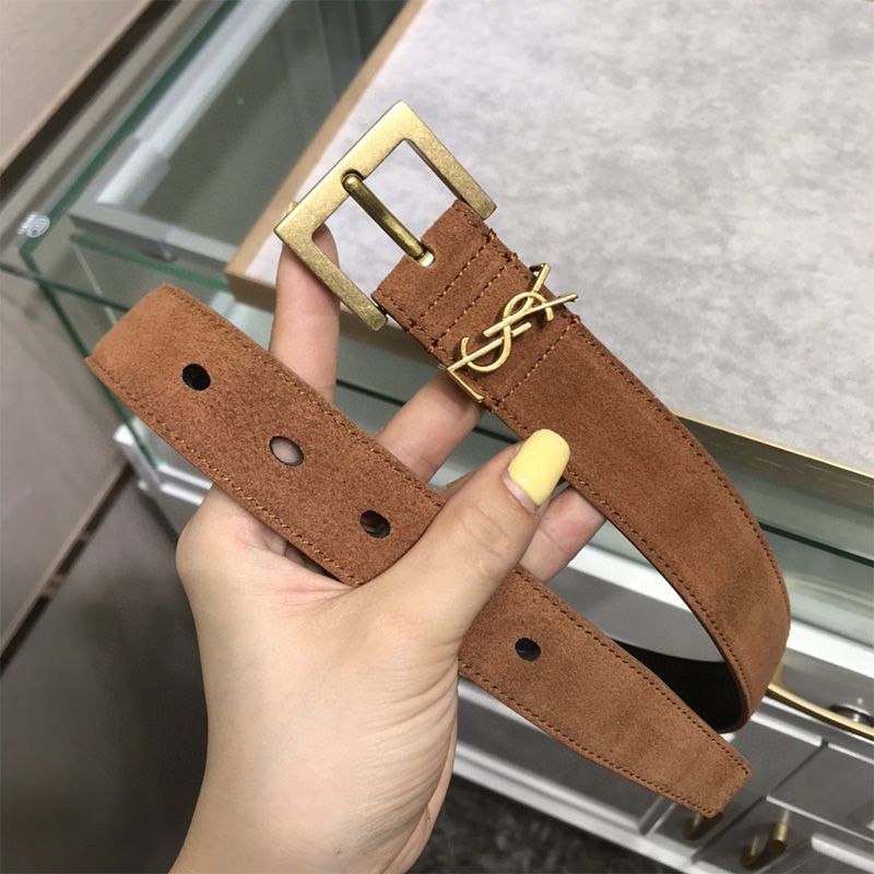 Saint Laurent Monogram Belt With Square Buckle In Suede Brown Gold