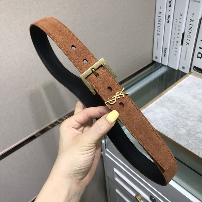 Saint Laurent Monogram Belt With Square Buckle In Suede Brown Gold