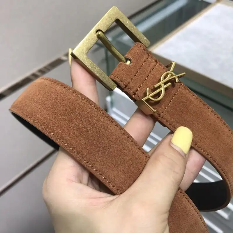 CHEAP Saint Laurent Monogram Belt With Square Buckle In Suede Brown Gold