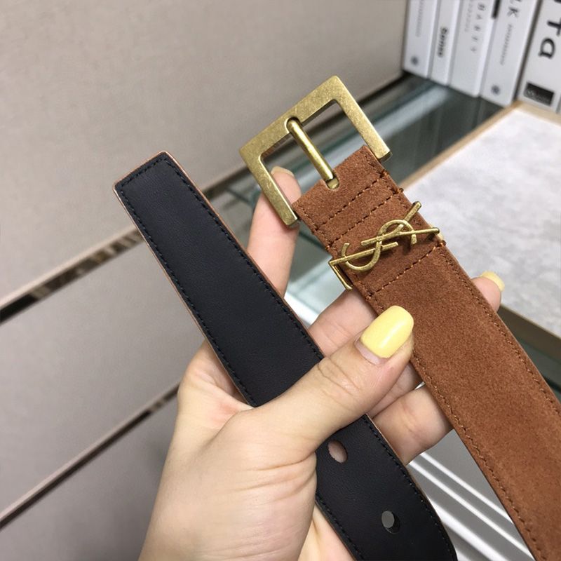 Saint Laurent Monogram Belt With Square Buckle In Suede Brown Gold