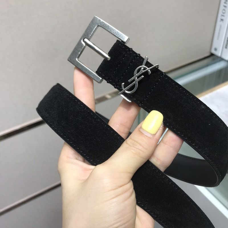 Saint Laurent Monogram Belt With Square Buckle In Suede Black Silver