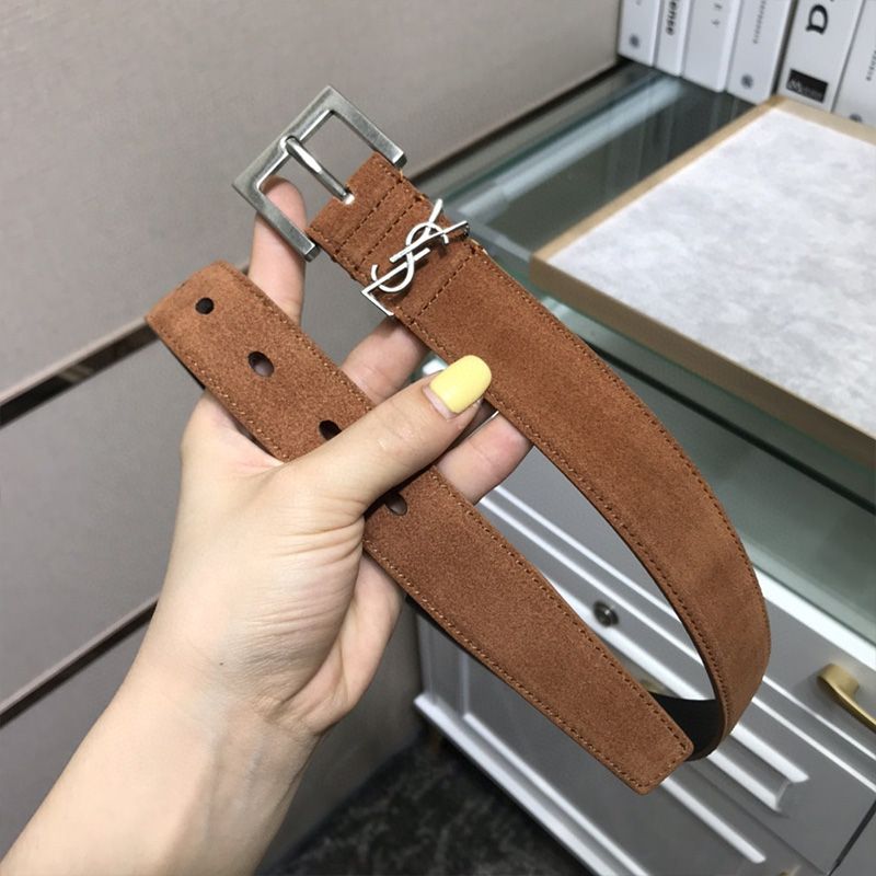 Saint Laurent Monogram Belt With Square Buckle In Suede Brown Silver