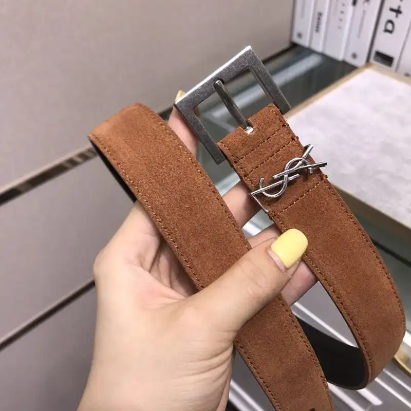 CHEAP Saint Laurent Monogram Belt With Square Buckle In Suede Brown Silver