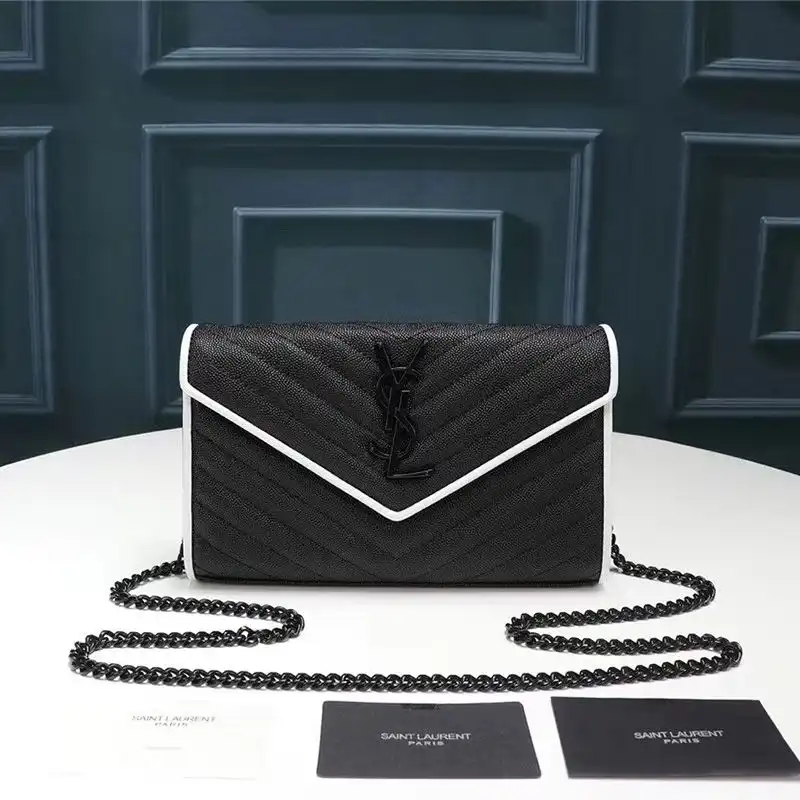 Saint Laurent Large Monogram Chain Wallet In Grained Matelasse Leather Black White