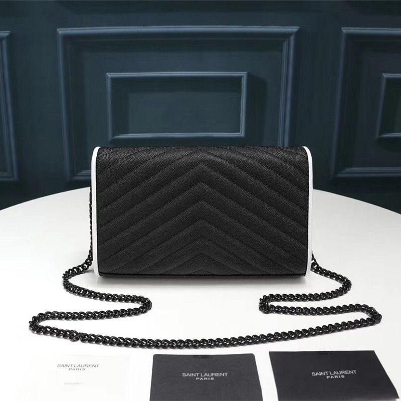 Saint Laurent Large Monogram Chain Wallet In Grained Matelasse Leather Black White