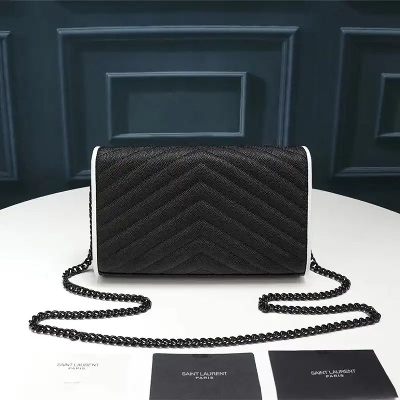 Cheap Saint Laurent Large Monogram Chain Wallet In Grained Matelasse Leather Black White