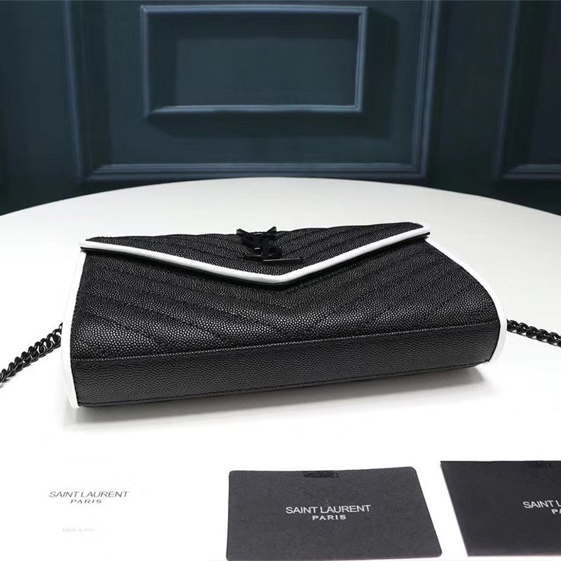 Saint Laurent Large Monogram Chain Wallet In Grained Matelasse Leather Black White