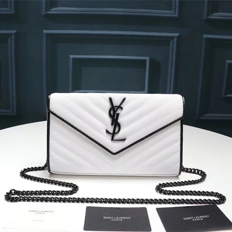 Saint Laurent Large Monogram Chain Wallet In Grained Matelasse Leather White Black