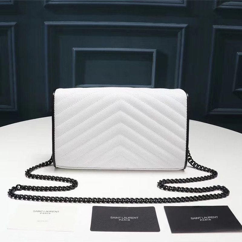 Saint Laurent Large Monogram Chain Wallet In Grained Matelasse Leather White Black