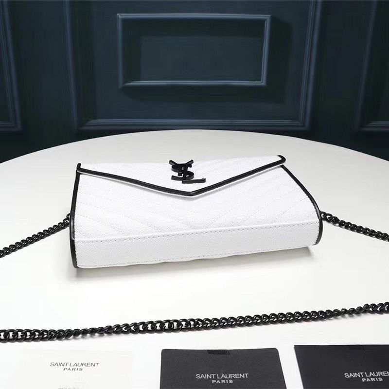 Saint Laurent Large Monogram Chain Wallet In Grained Matelasse Leather White Black