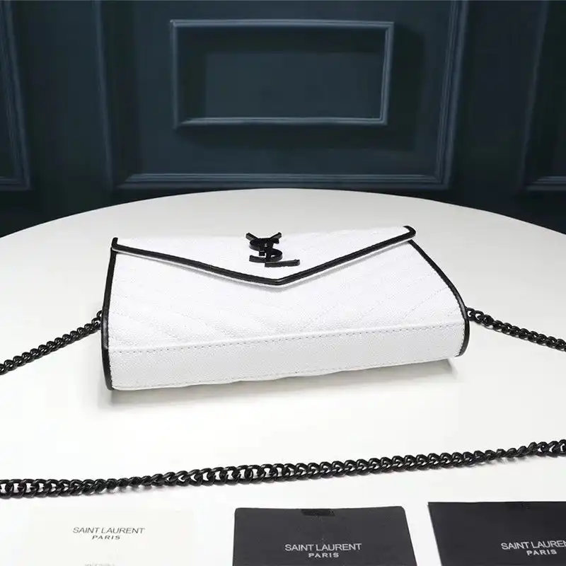 Cheap Saint Laurent Large Monogram Chain Wallet In Grained Matelasse Leather White Black