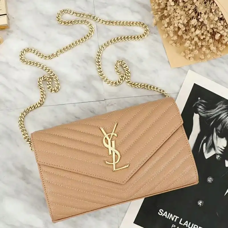 Saint Laurent Large Monogram Chain Wallet In Grained Matelasse Leather Apricot Gold