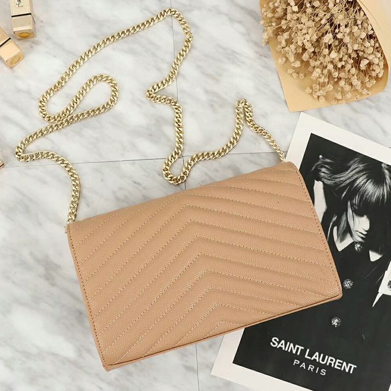 Saint Laurent Large Monogram Chain Wallet In Grained Matelasse Leather Apricot Gold