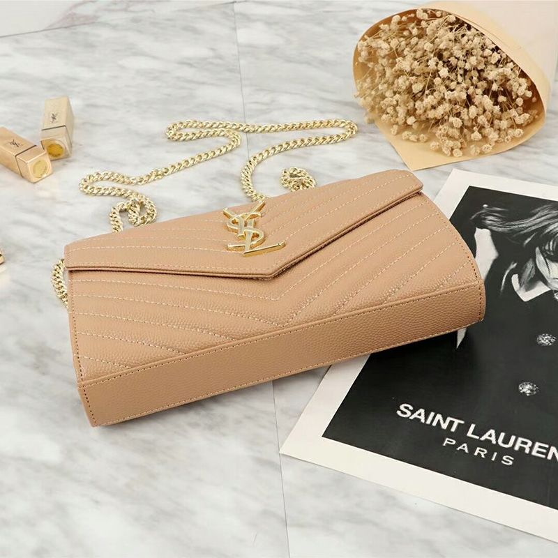 Saint Laurent Large Monogram Chain Wallet In Grained Matelasse Leather Apricot Gold