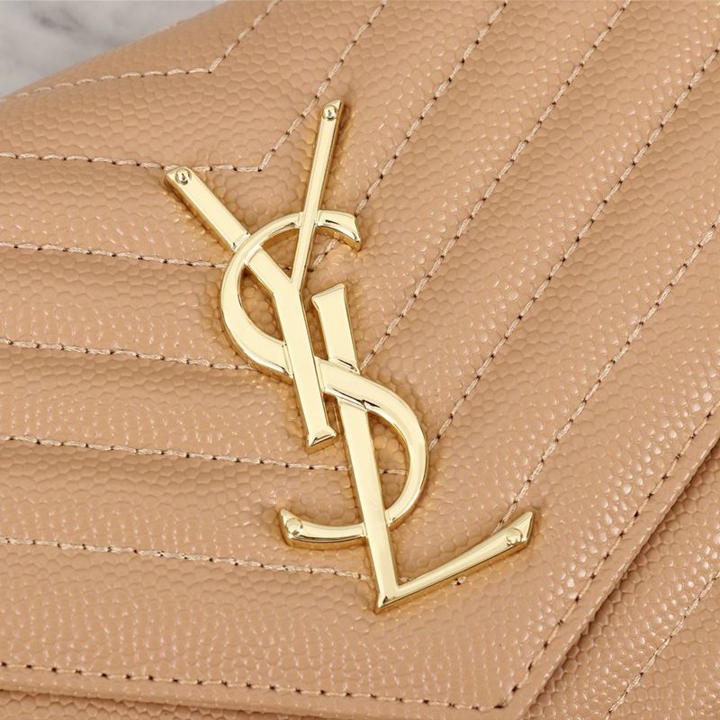 Saint Laurent Large Monogram Chain Wallet In Grained Matelasse Leather Apricot Gold