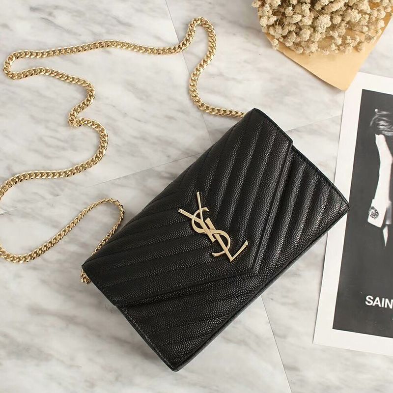 Saint Laurent Large Monogram Chain Wallet In Grained Matelasse Leather Black Gold