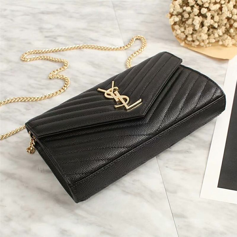 Saint Laurent Large Monogram Chain Wallet In Grained Matelasse Leather Black Gold