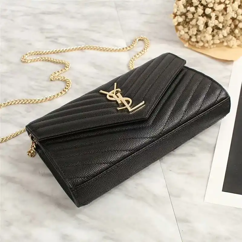 Cheap Saint Laurent Large Monogram Chain Wallet In Grained Matelasse Leather Black Gold