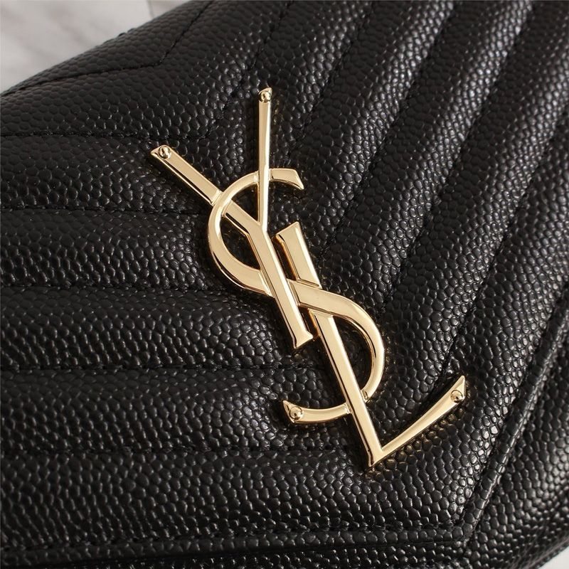 Saint Laurent Large Monogram Chain Wallet In Grained Matelasse Leather Black Gold