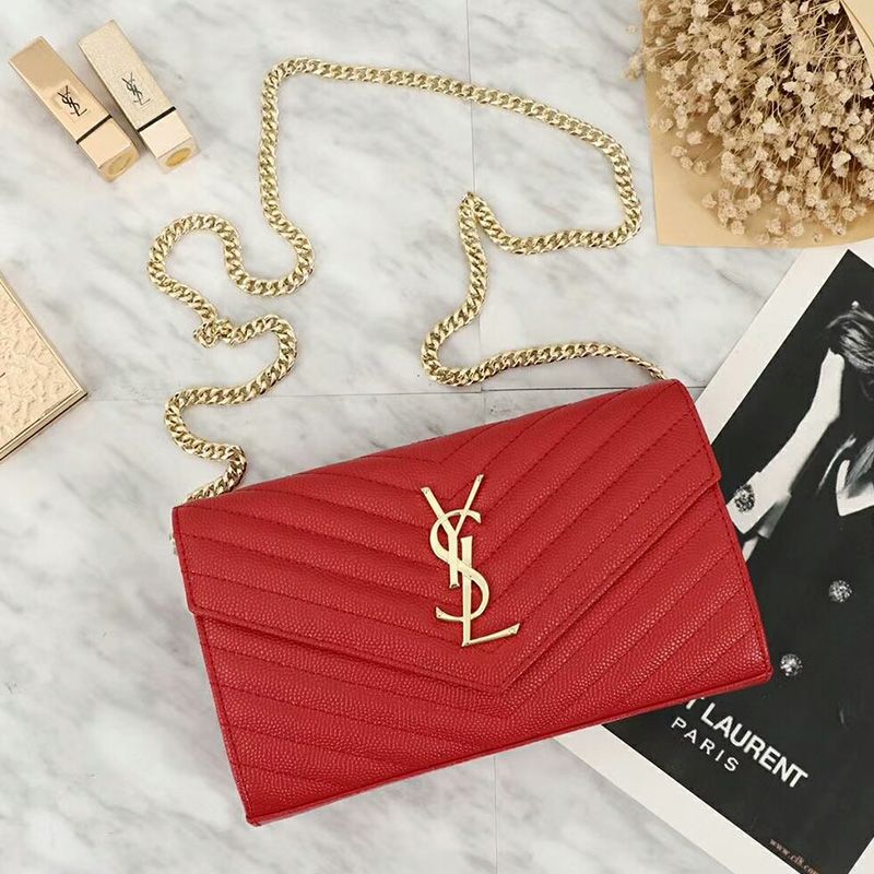 Saint Laurent Large Monogram Chain Wallet In Grained Matelasse Leather Red Gold