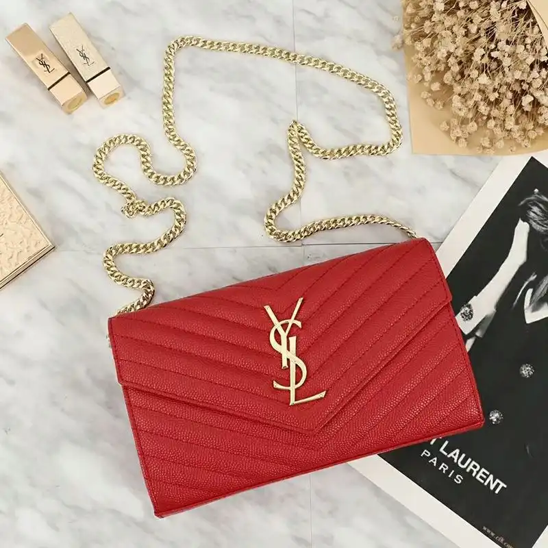 Saint Laurent Large Monogram Chain Wallet In Grained Matelasse Leather Red Gold