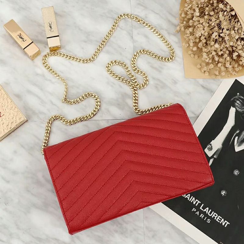 Saint Laurent Large Monogram Chain Wallet In Grained Matelasse Leather Red Gold