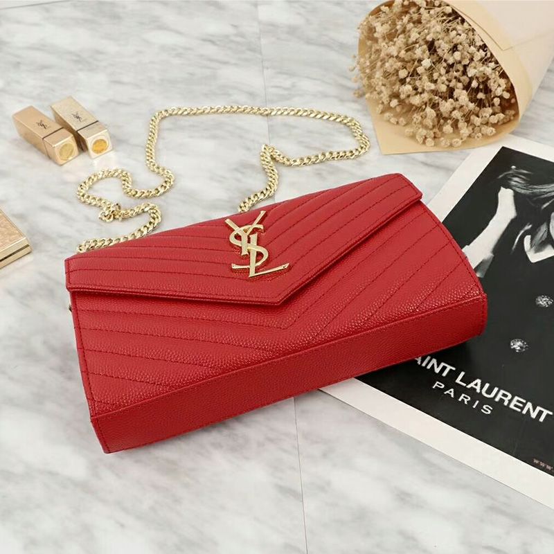 Saint Laurent Large Monogram Chain Wallet In Grained Matelasse Leather Red Gold