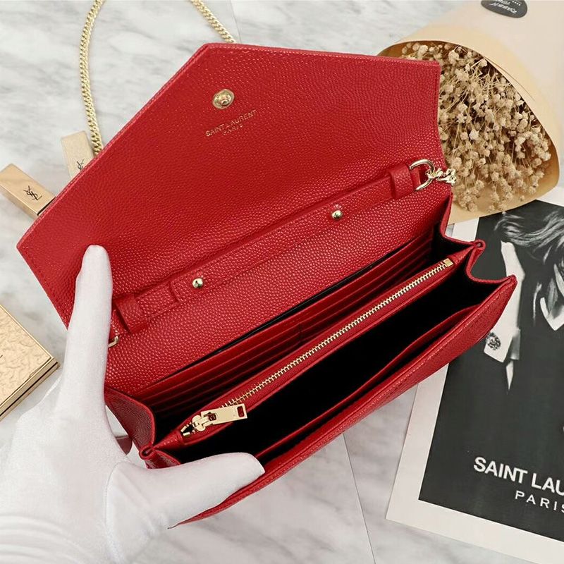 Saint Laurent Large Monogram Chain Wallet In Grained Matelasse Leather Red Gold