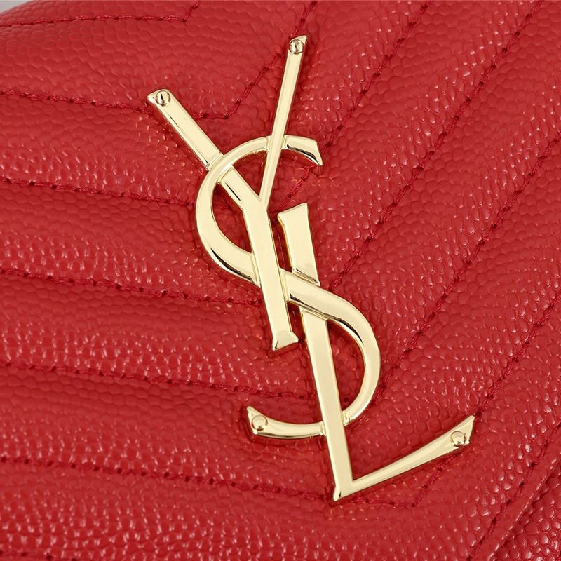 Saint Laurent Large Monogram Chain Wallet In Grained Matelasse Leather Red Gold