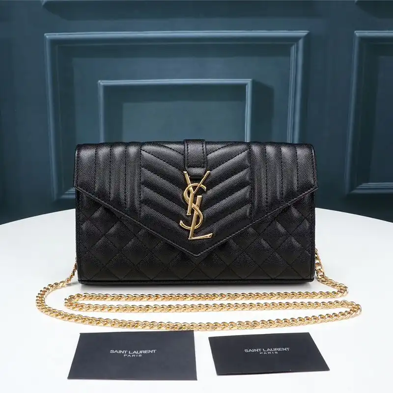 Saint Laurent Large Monogram Chain Wallet In Mixed Grained Matelasse Leather Black Gold