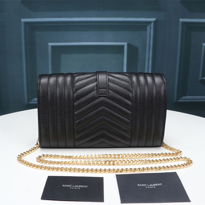 Saint Laurent Large Monogram Chain Wallet In Mixed Grained Matelasse Leather Black Gold