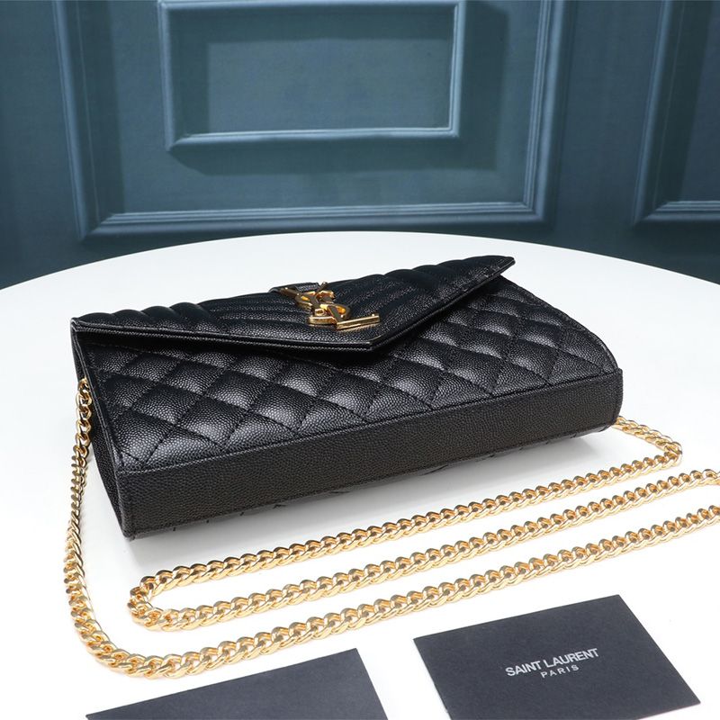 Saint Laurent Large Monogram Chain Wallet In Mixed Grained Matelasse Leather Black Gold