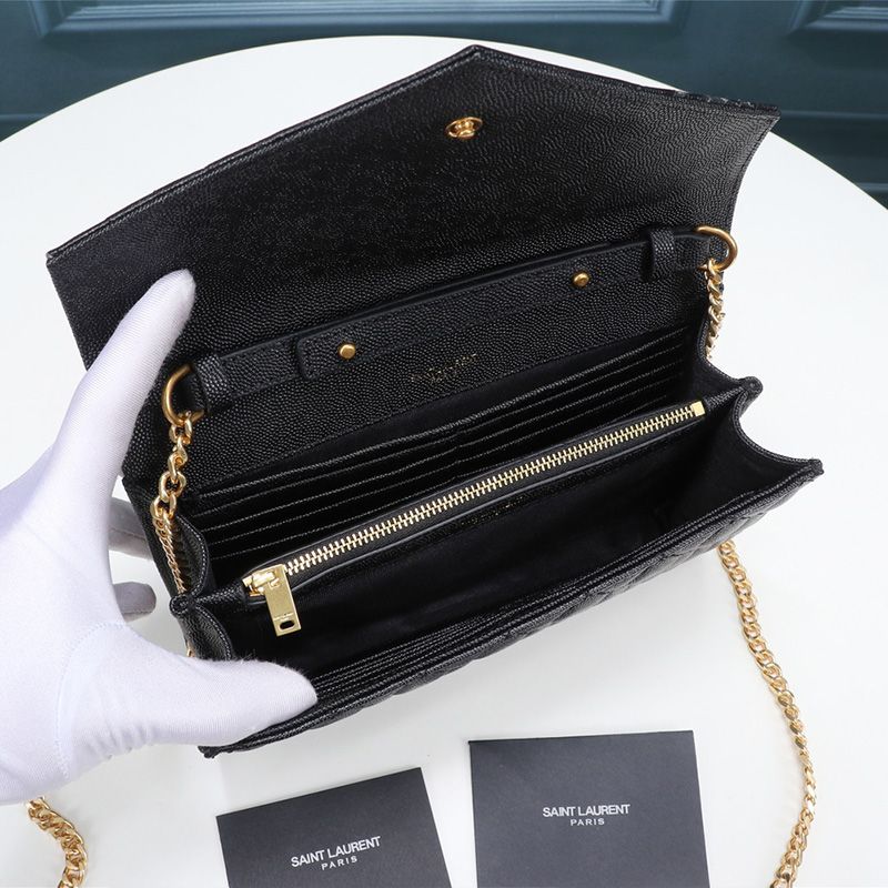 Saint Laurent Large Monogram Chain Wallet In Mixed Grained Matelasse Leather Black Gold