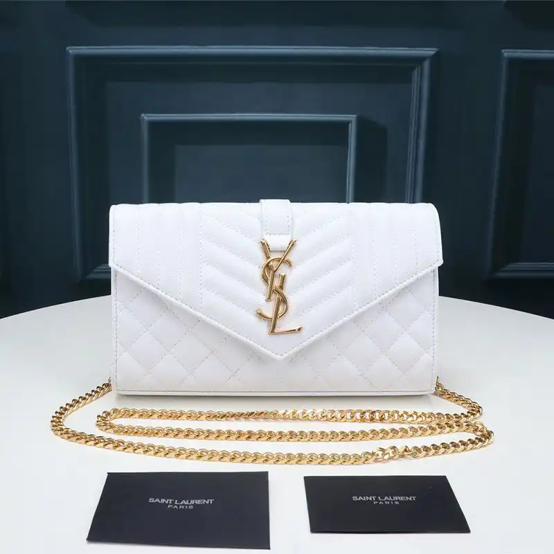 Saint Laurent Large Monogram Chain Wallet In Mixed Grained Matelasse Leather White Gold