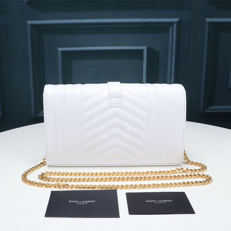 Saint Laurent Large Monogram Chain Wallet In Mixed Grained Matelasse Leather White Gold