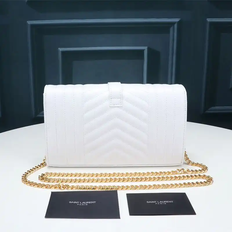 Cheap Saint Laurent Large Monogram Chain Wallet In Mixed Grained Matelasse Leather White Gold