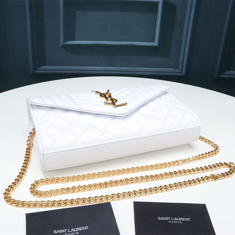 Saint Laurent Large Monogram Chain Wallet In Mixed Grained Matelasse Leather White Gold