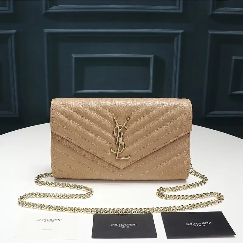 Saint Laurent Large Monogram Chain Wallet In Textured Matelasse Leather Apricot Gold