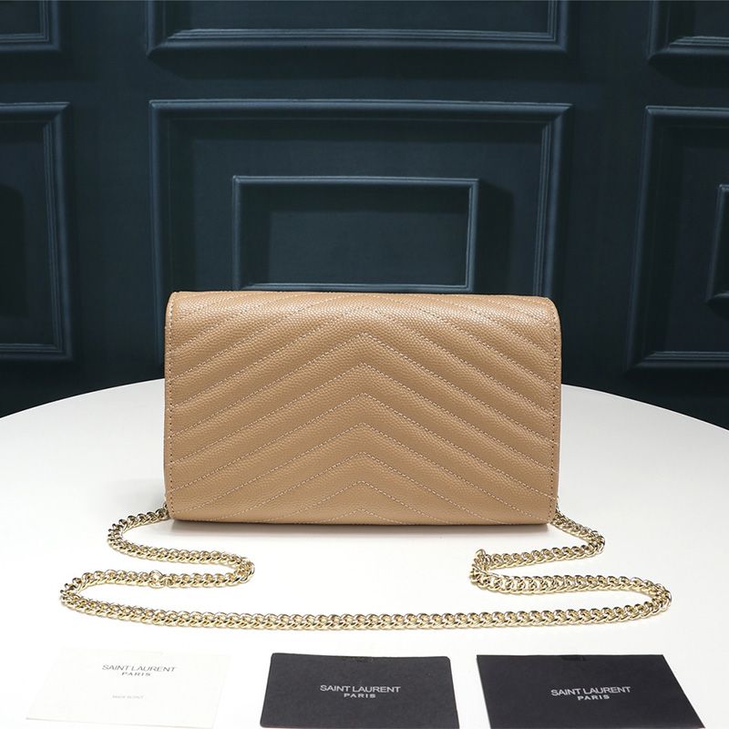 Saint Laurent Large Monogram Chain Wallet In Textured Matelasse Leather Apricot Gold