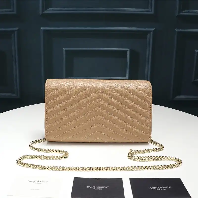 Cheap Saint Laurent Large Monogram Chain Wallet In Textured Matelasse Leather Apricot Gold