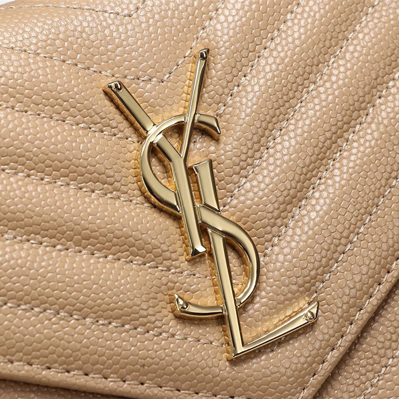 Saint Laurent Large Monogram Chain Wallet In Textured Matelasse Leather Apricot Gold