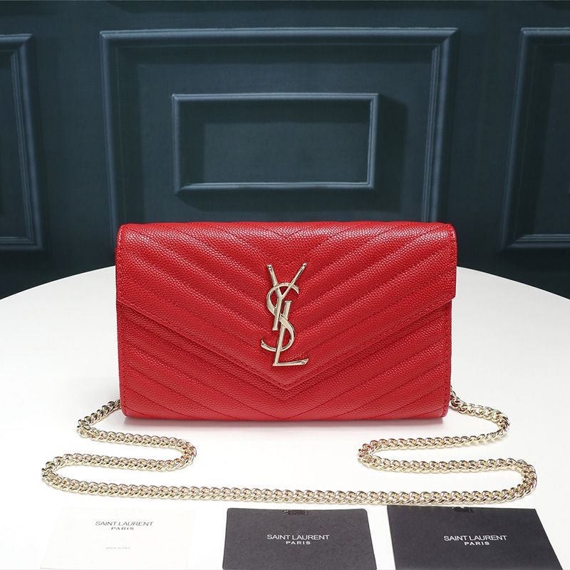 Saint Laurent Large Monogram Chain Wallet In Textured Matelasse Leather Red Gold