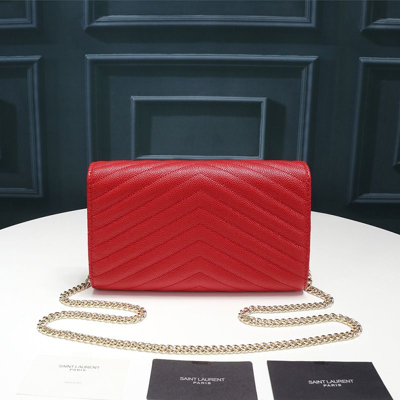 Saint Laurent Large Monogram Chain Wallet In Textured Matelasse Leather Red Gold