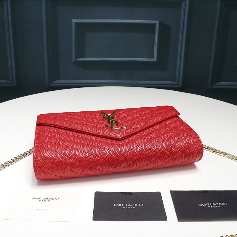 Saint Laurent Large Monogram Chain Wallet In Textured Matelasse Leather Red Gold