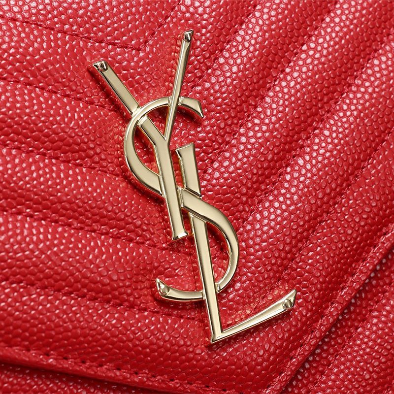 Saint Laurent Large Monogram Chain Wallet In Textured Matelasse Leather Red Gold