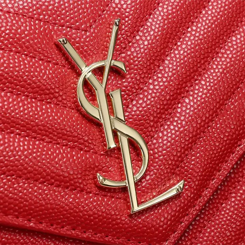 Cheap Saint Laurent Large Monogram Chain Wallet In Textured Matelasse Leather Red Gold