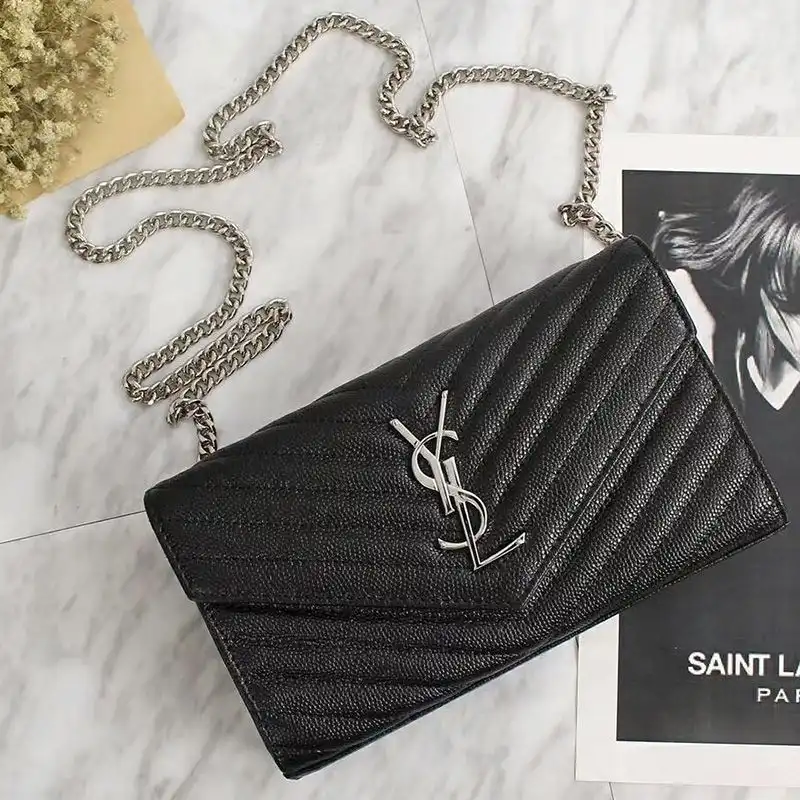 Saint Laurent Large Monogram Chain Wallet In Grained Matelasse Leather Black Silver