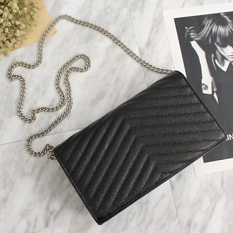 Saint Laurent Large Monogram Chain Wallet In Grained Matelasse Leather Black Silver