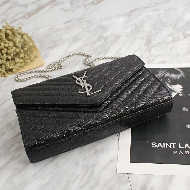 Saint Laurent Large Monogram Chain Wallet In Grained Matelasse Leather Black Silver