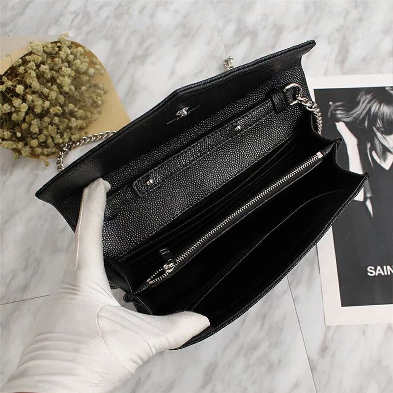 Saint Laurent Large Monogram Chain Wallet In Grained Matelasse Leather Black Silver